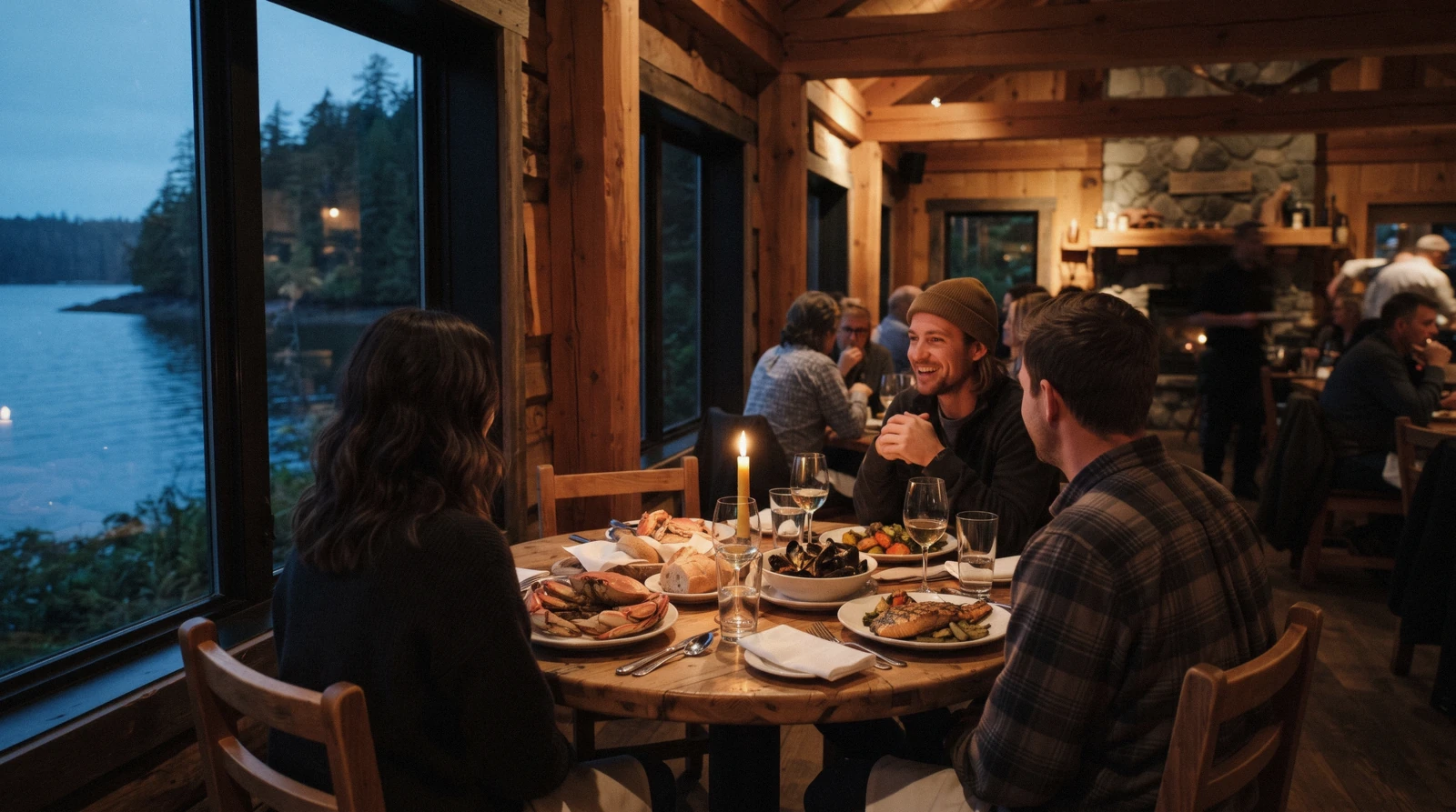 Restaurant table overlooking the water in Tofino, British Columbia