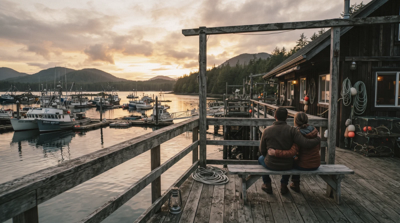 A wooden guesthouse deck on the Tofino harbour waterfront at sunset