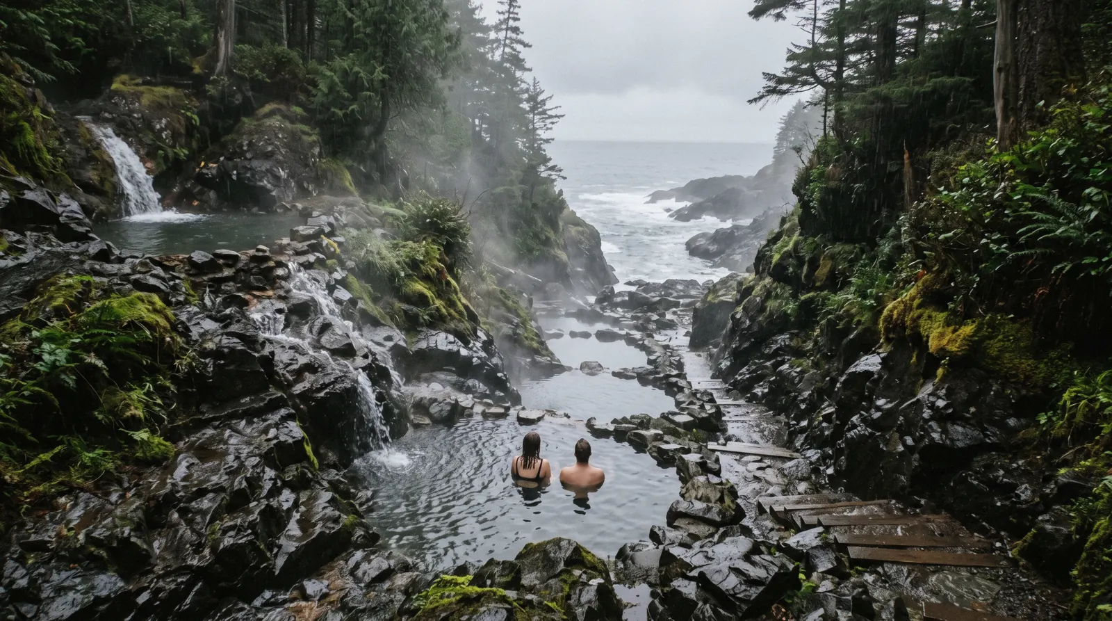 Hot springs water running down a rock face into the sea at Hot Springs Cove near Tofino, British Columbia
