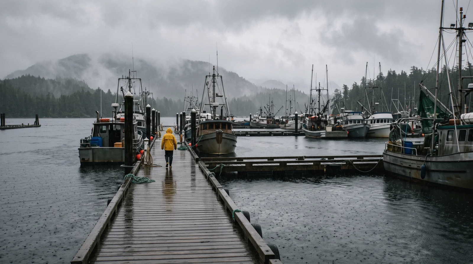 Rain clouds over the shoreline in Tofino, British Columbia