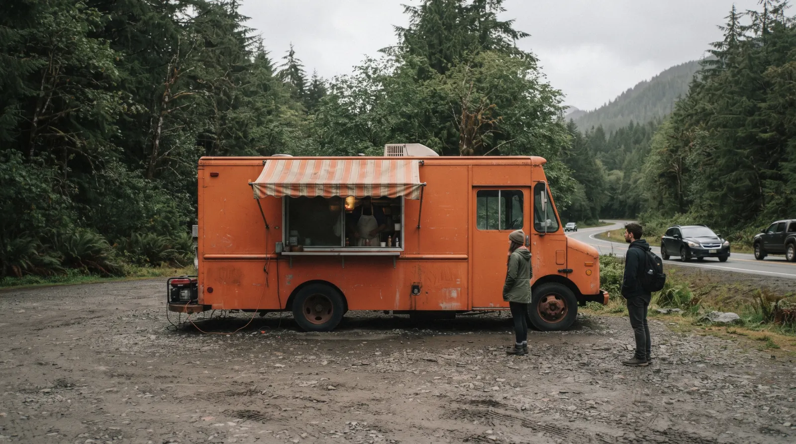 The original orange Tacofino food truck at 1184 Pacific Rim Hwy in Tofino, British Columbia