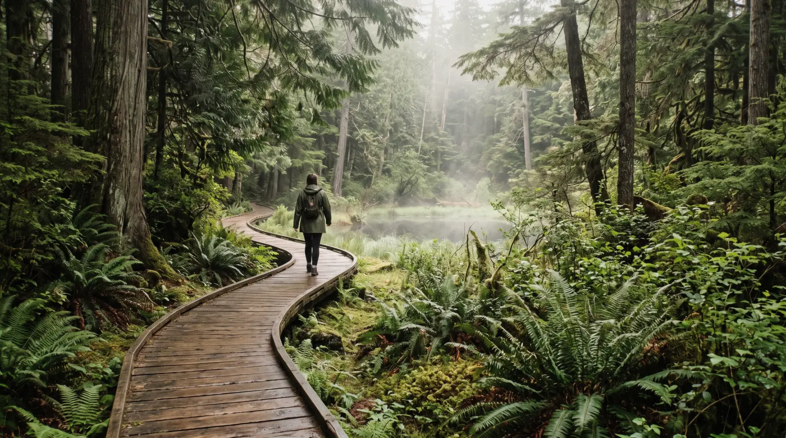 Garden paths and coastal forest at the Naa'Waya'Sum Coastal Indigenous Gardens, formerly Tofino Botanical Gardens, on Pacific Rim Highway near Tofino