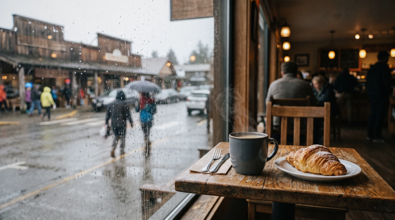 Coffee cups and baked goods on a wooden counter in a Tofino cafe