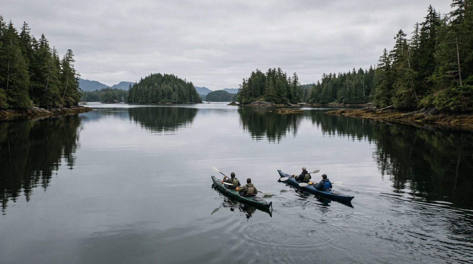 Sea kayaking in sheltered water during a guided kayaking tour in Tofino, British Columbia