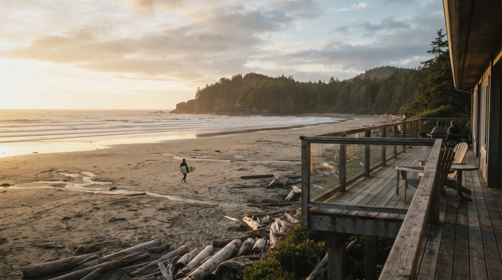 A beachfront resort deck above Chesterman Beach near Tofino at golden hour