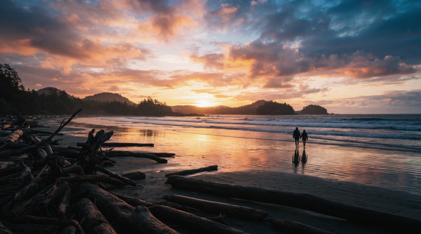 Sunset over the open Pacific from a beach near Tofino, British Columbia, with driftwood silhouetted on the sand
