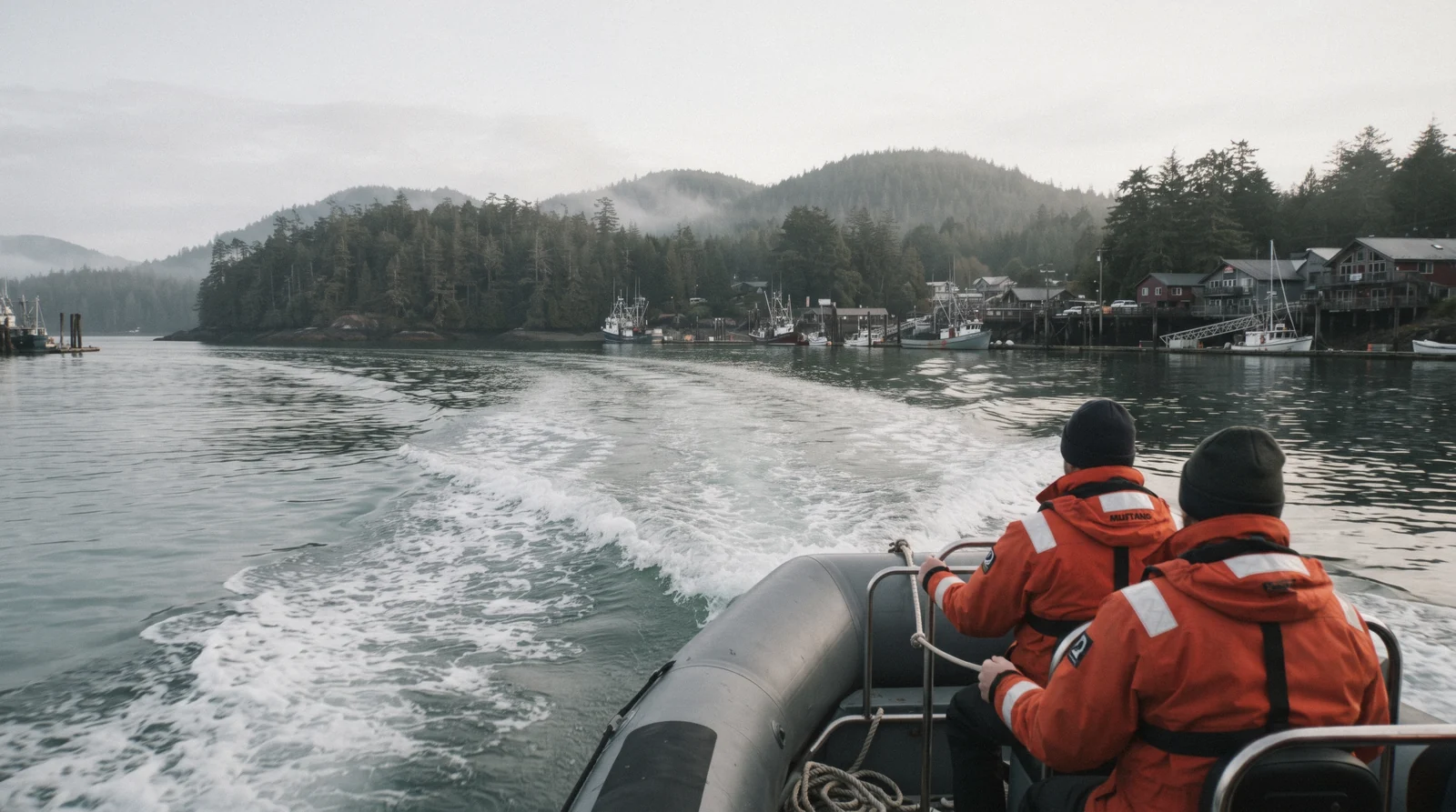 A small excursion boat leaving Tofino Harbour on one of the Tofino tours out to Clayoquot Sound