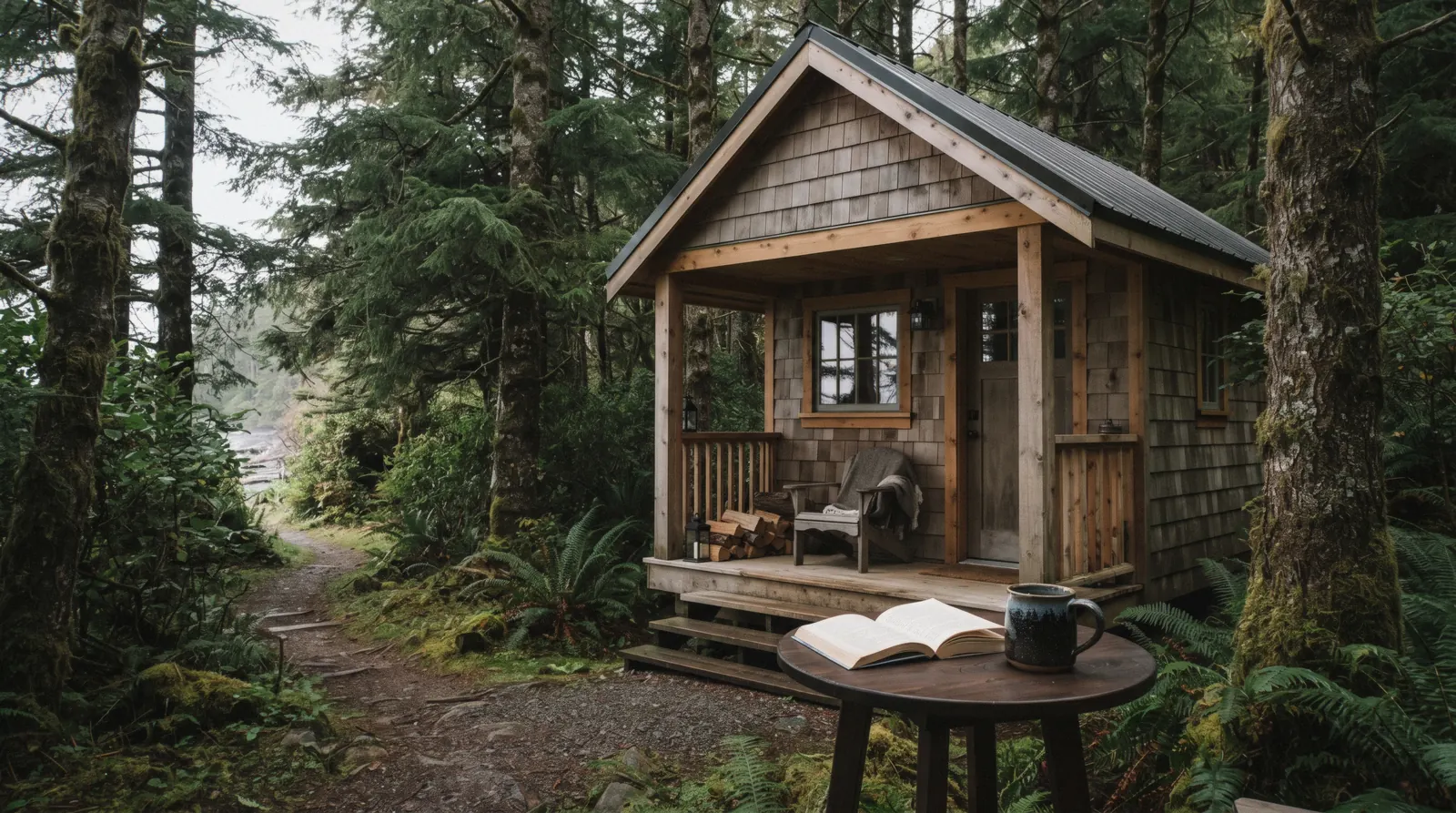 A small cedar cabin among spruce trees near a Tofino beach access path