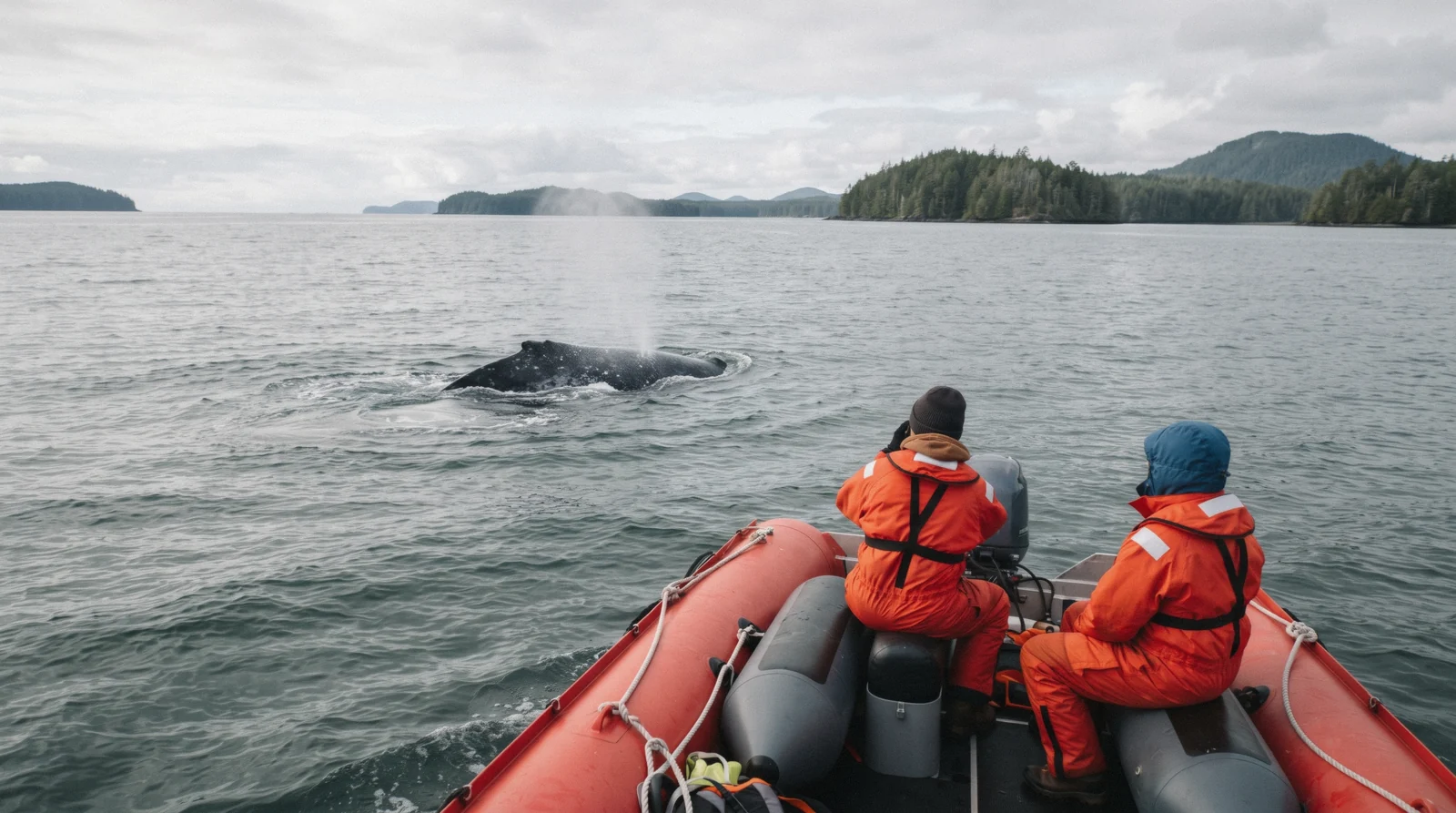 A grey whale surfacing during whale watching in Tofino, British Columbia
