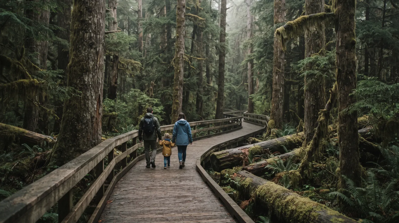 Family walking on a wide sandy beach in Tofino with kids in rain jackets