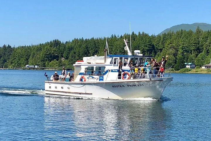 Covered whale watching vessel departing Ucluelet harbour near Tofino