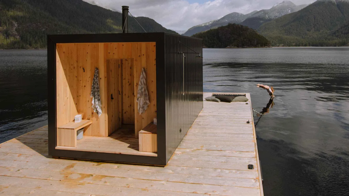 Wood-fired floating sauna on the water on a Tofino sauna boat tour