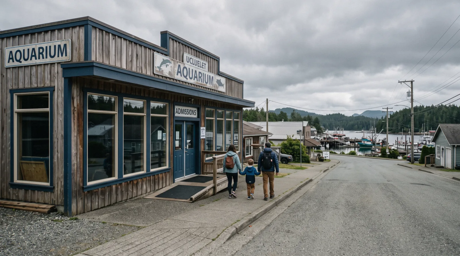 The small harbourfront building of the Ucluelet Aquarium at the end of Main Street in Ucluelet, British Columbia