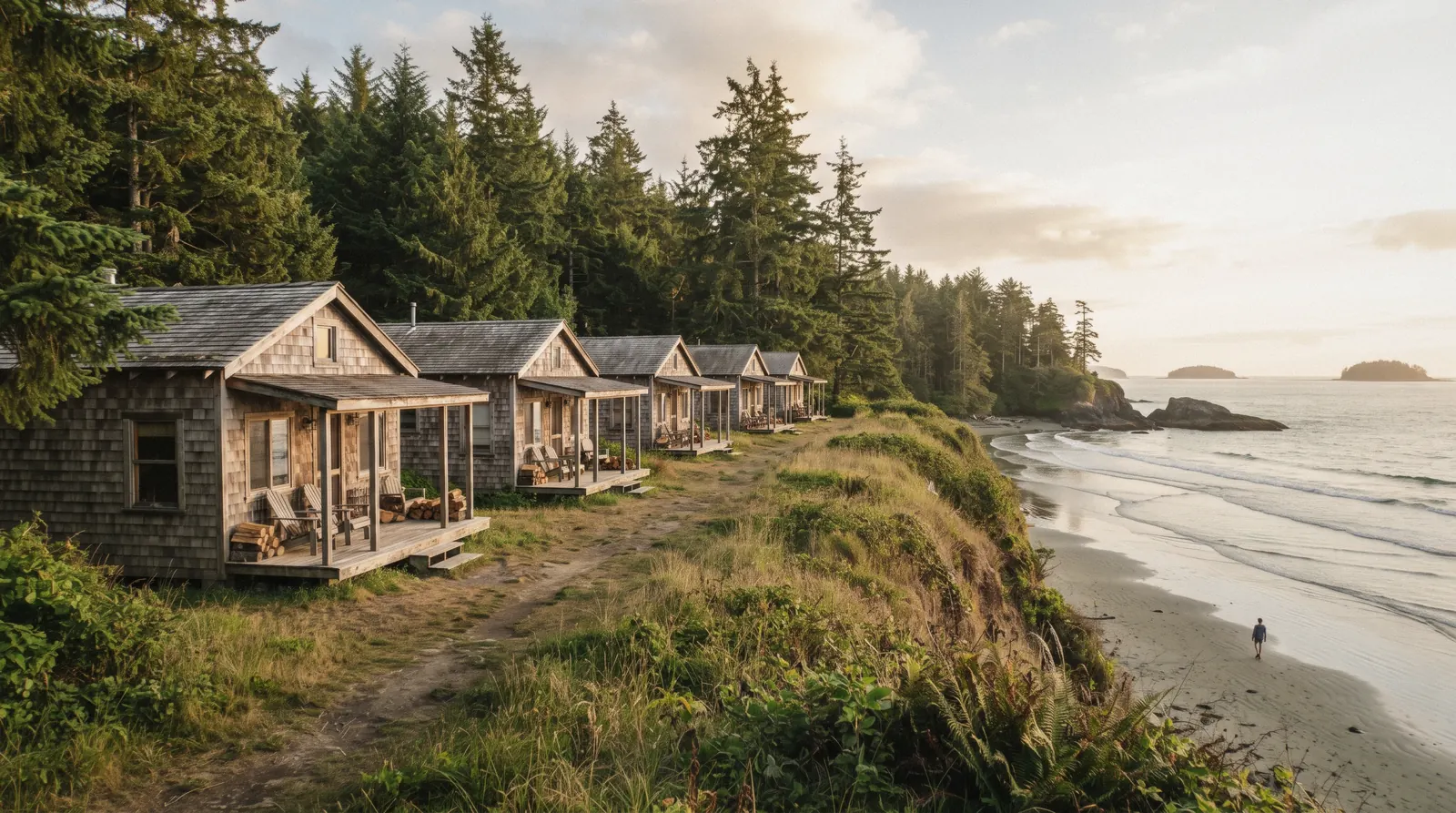 A quiet beach cabin row near Tofino at dusk, illustrating where to stay in Tofino