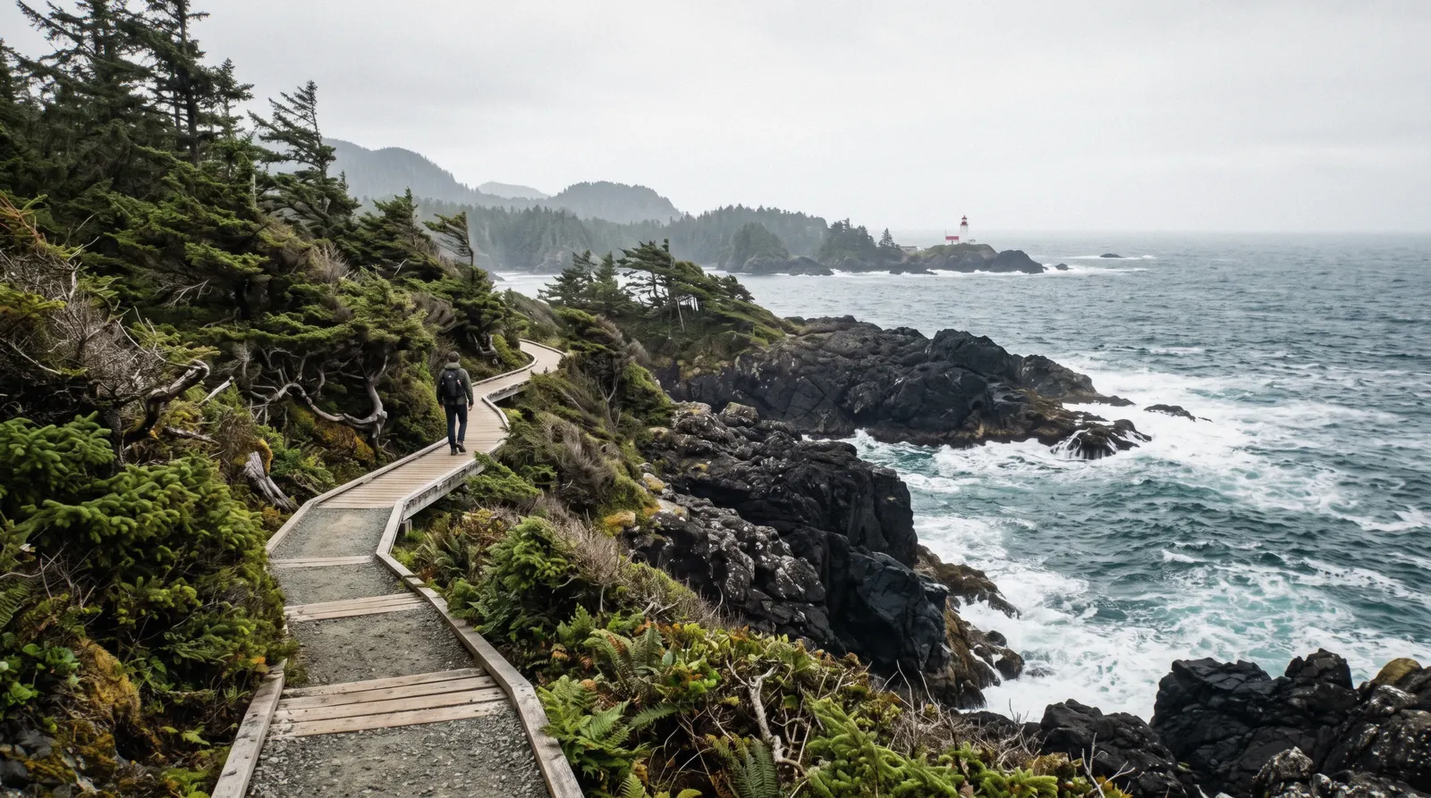 Clifftop path on the Wild Pacific Trail above the rocky headland near Amphitrite Point Lighthouse in Ucluelet