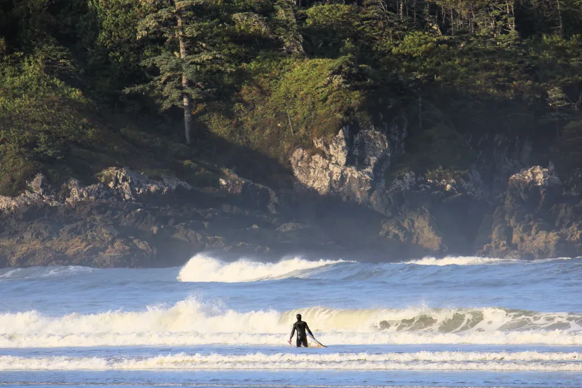 A surfer walking into the water at Cox Bay near Tofino, on the same stretch of coast as the Chesterman Beach resorts