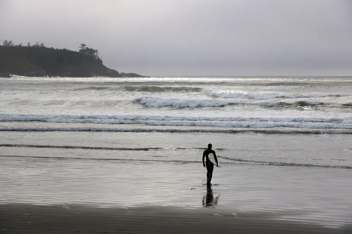 A surfer in a wetsuit walking along the shoreline at Cox Bay near Tofino, British Columbia, with a forested headland behind