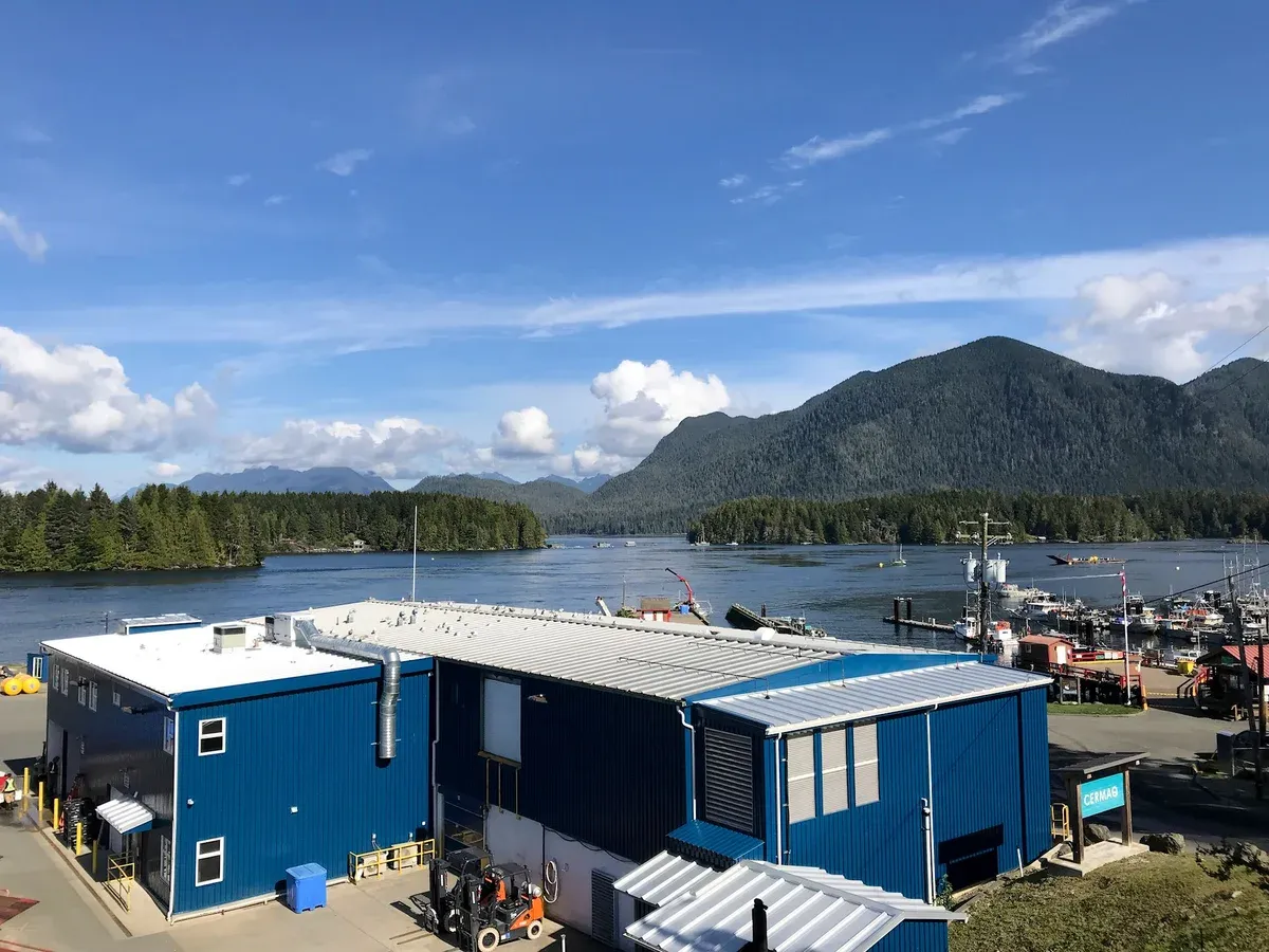 Working docks on Tofino Inlet below the forested slopes of Meares Island in Tofino, British Columbia