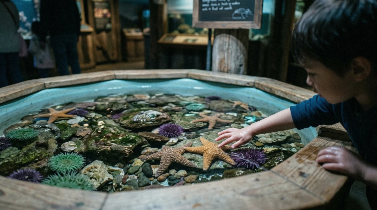 A touch-tank exhibit with sea stars inside the Ucluelet Aquarium near Tofino