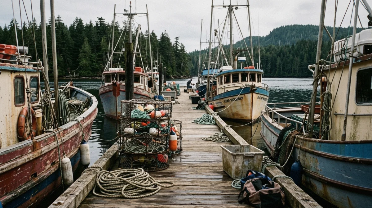 Commercial fishing boats moored at the small craft harbour docks in Ucluelet near Tofino